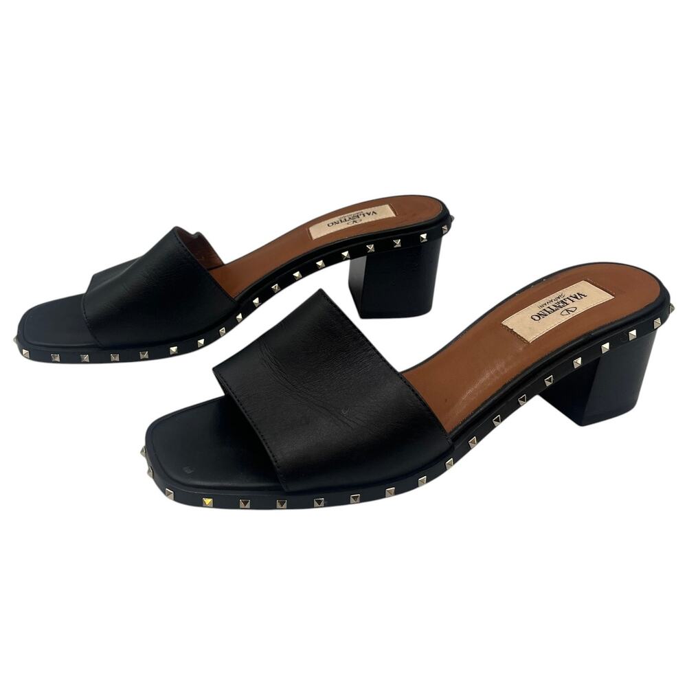 Valentino Garavani Block Heels Mules Sandals Slides Rockstud Leather Black Sz 37